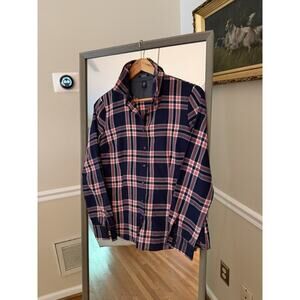 IZOD Women's Navy & Pink Plaid Button Up, Long Sleeve Shirt Size Medium